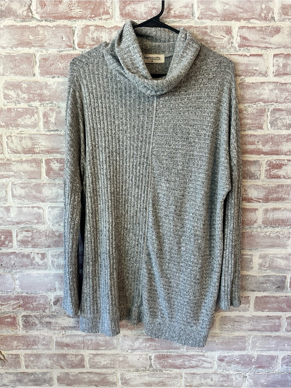 Impressions Gray Ribbed Cowl Neck Sweater